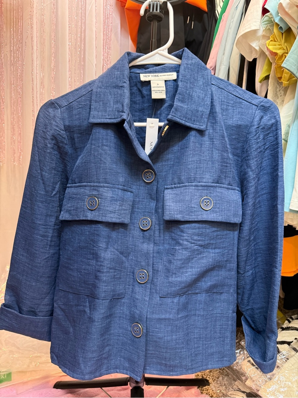 New York Clothing Company Blue Button-Front Linen Blend Jacket
